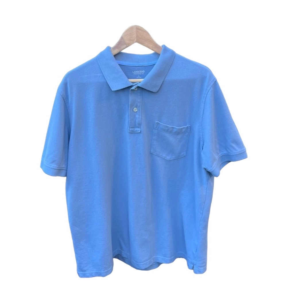Lands’ End Men’s Large Traditional Fit Blue Short-Sleeve Cotton Pique Polo Large
